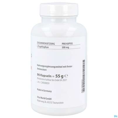 Sie sehen eine Packung L-tryptophan Kapseln 500mg -naturheilp. Vegi 90st, Produktbild: 04 L-tryptophan Kapseln 500mg -naturheilp. Vegi 90st, A-Nr.: 4846604 - 04