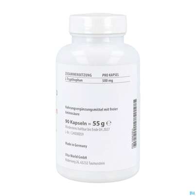 Sie sehen eine Packung L-tryptophan Kapseln 500mg -naturheilp. Vegi 90st, Produktbild: 03 L-tryptophan Kapseln 500mg -naturheilp. Vegi 90st, A-Nr.: 4846604 - 03