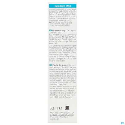 Sie sehen eine Packung Zahngel Weleda Mit Fluorid Kids 50ml, Produktbild: 06 Zahngel Weleda Mit Fluorid Kids 50ml, A-Nr.: 5908655 - 06