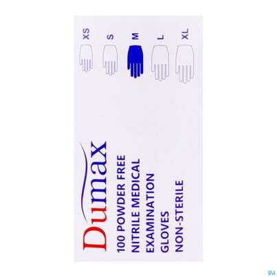 Sie sehen eine Packung Untersuchungshandschuhe -dumax/nitril Puderfrei M 100st, Produktbild: 10 Untersuchungshandschuhe -dumax/nitril Puderfrei M 100st, A-Nr.: 5819265 - 10