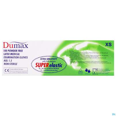 Sie sehen eine Packung Untersuchungshandschuhe -dumax Latex Puderfrei Xs 100st, Produktbild: 05 Untersuchungshandschuhe -dumax Latex Puderfrei Xs 100st, A-Nr.: 2995435 - 05