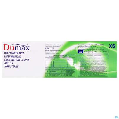Sie sehen eine Packung Untersuchungshandschuhe -dumax Latex Puderfrei Xs 100st, Produktbild: 12 Untersuchungshandschuhe -dumax Latex Puderfrei Xs 100st, A-Nr.: 2995435 - 12