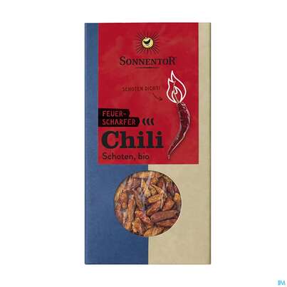 Sie sehen eine Packung Sonnentor Bio Chilischoten Feuerscharf 00399 25g, Produktbild: 01 Sonnentor Bio Chilischoten Feuerscharf 00399 25g, A-Nr.: 3739970 - 01