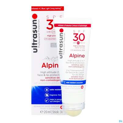 Sie sehen eine Packung Sonnenprodukte Ultrasun 20ml+2,3g Alpine Compi Spf30 62550 1st, Produktbild: 12 Sonnenprodukte Ultrasun 20ml+2,3g Alpine Compi Spf30 62550 1st, A-Nr.: 4604108 - 12