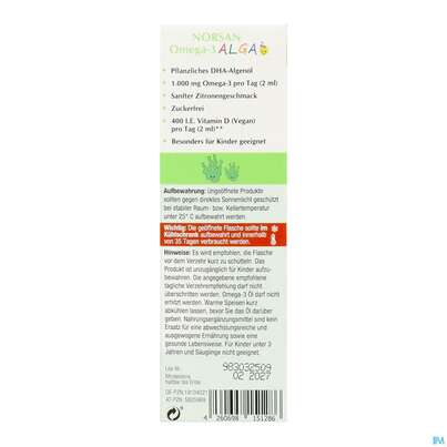 Sie sehen eine Packung Omega -3 Norsan Oel/alga F Kinder Zitrone 50ml, Produktbild: 04 Omega -3 Norsan Oel/alga F Kinder Zitrone 50ml, A-Nr.: 5825969 - 04