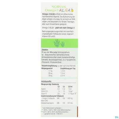 Sie sehen eine Packung Omega -3 Norsan Oel/alga F Kinder Zitrone 50ml, Produktbild: 08 Omega -3 Norsan Oel/alga F Kinder Zitrone 50ml, A-Nr.: 5825969 - 08