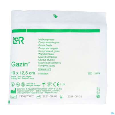 Sie sehen eine Packung Mullkompressen Gazin Baumw.17faedig Steril 16fach 12,5x10cm 5st, Produktbild: 01 Mullkompressen Gazin Baumw.17faedig Steril 16fach 12,5x10cm 5st, A-Nr.: 2570167 - 01