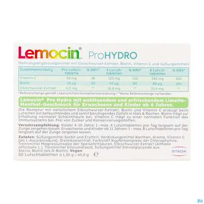 Sie sehen eine Packung Lemocin Prohydro Lutschtabl 50st, Produktbild: 05 Lemocin Prohydro Lutschtabl 50st, A-Nr.: 5896739 - 05
