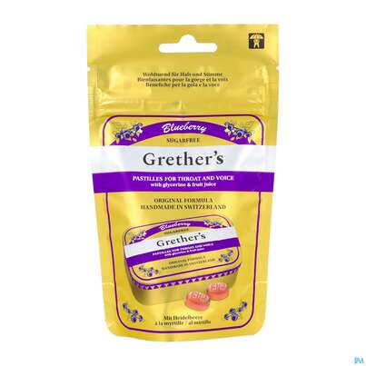 Sie sehen eine Packung Grethers Pastillen Zuckerfrei Blueberry Beutel 110g, Produktbild: 01 Grethers Pastillen Zuckerfrei Blueberry Beutel 110g, A-Nr.: 5903675 - 01