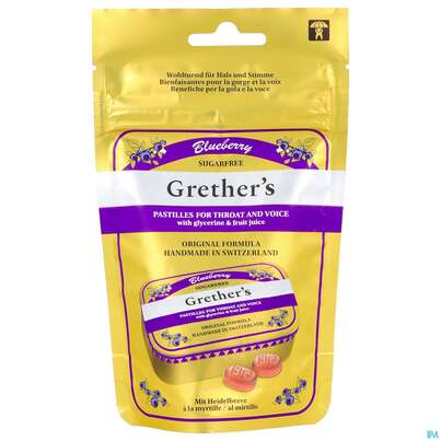 Sie sehen eine Packung Grethers Pastillen Zuckerfrei Blueberry Beutel 110g, Produktbild: 02 Grethers Pastillen Zuckerfrei Blueberry Beutel 110g, A-Nr.: 5903675 - 02