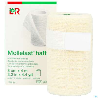 Sie sehen eine Packung Fixierbinden Mollelast Haft Weiss 4mx 8cm 1st, Produktbild: 10 Fixierbinden Mollelast Haft Weiss 4mx 8cm 1st, A-Nr.: 1767666 - 10
