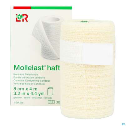 Sie sehen eine Packung Fixierbinden Mollelast Haft Weiss 4mx 8cm 1st, Produktbild: 12 Fixierbinden Mollelast Haft Weiss 4mx 8cm 1st, A-Nr.: 1767666 - 12