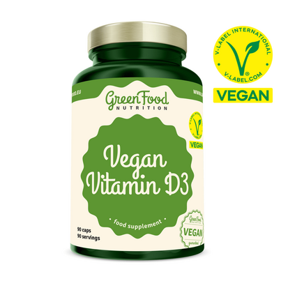 Sie sehen eine Packung GreenFood Nutrition Vegan Vitamin D3 90 Kapseln, Produktbild: 01 GreenFood Nutrition Vegan Vitamin D3 90 Kapseln, A-Nr.: 6004252 - 01