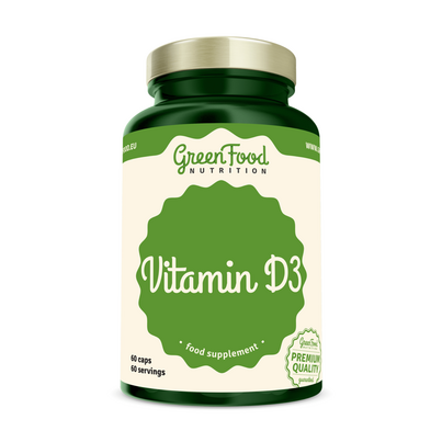 Sie sehen eine Packung GreenFood Nutrition Vitamin D3 60 Kapseln, Produktbild: 01 GreenFood Nutrition Vitamin D3 60 Kapseln, A-Nr.: 5634270 - 01