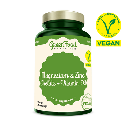 Sie sehen eine Packung GreenFood Nutrition Magnesium Und Zink Chelate + Vitamin D3 90 Kapseln, Produktbild: 01 GreenFood Nutrition Magnesium Und Zink Chelate + Vitamin D3 90 Kapseln, A-Nr.: 5634761 - 01
