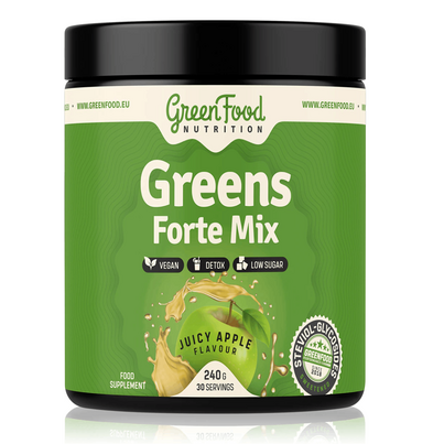Sie sehen eine Packung GreenFood Nutrition Greens Forte Mix 240 G Apfel, Produktbild: 01 GreenFood Nutrition Greens Forte Mix 240 G Apfel, A-Nr.: 6004499 - 01