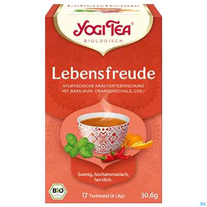 Sie sehen eine Packung Yogi Tea Bio Lebensfreude 30,6g 17st, Produktbild: 01 Yogi Tea Bio Lebensfreude 30,6g 17st, A-Nr.: 5879356 - 01