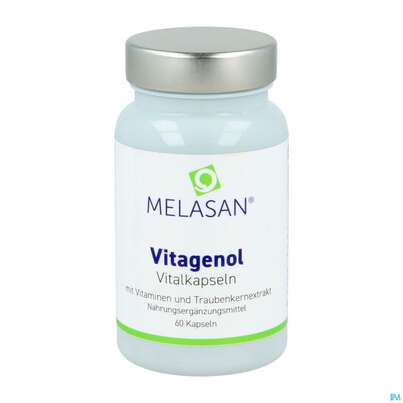 Sie sehen eine Packung Opc Traubenkern Kapseln Melasan Vitagenol Extrakt 60st, Produktbild: 01 Opc Traubenkern Kapseln Melasan Vitagenol Extrakt 60st, A-Nr.: 2690351 - 01