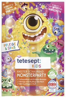 Sie sehen eine Packung TETESEPT Kids Badesalz Monsterparty, Produktbild: 01 TETESEPT Kids Badesalz Monsterparty, A-Nr.: 6021262 - 01