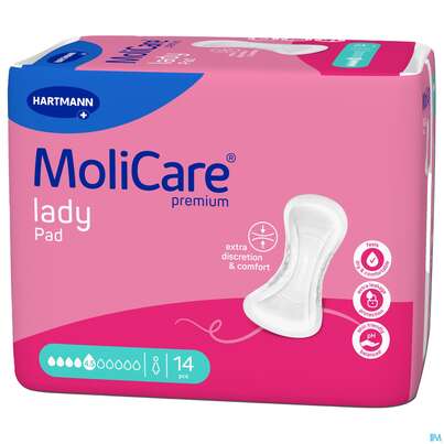 Sie sehen eine Packung Inkontinenz Molicare Premium/lady Pad Tropfen 4,5 14st, Produktbild: 02 Inkontinenz Molicare Premium/lady Pad Tropfen 4,5 14st, A-Nr.: 4918657 - 02