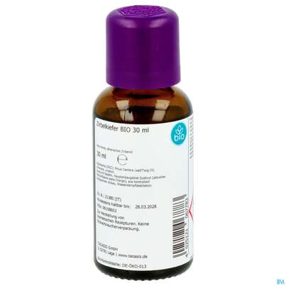 Sie sehen eine Packung Aetherische Oele Taoasis Bio Zirbelkiefer 30ml, Produktbild: 02 Aetherische Oele Taoasis Bio Zirbelkiefer 30ml, A-Nr.: 4158471 - 02