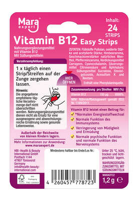 Sie sehen eine Packung Mara expert Vitamin B12 Easy Strips, Produktbild: 02 Mara expert Vitamin B12 Easy Strips, A-Nr.: 6027069 - 02