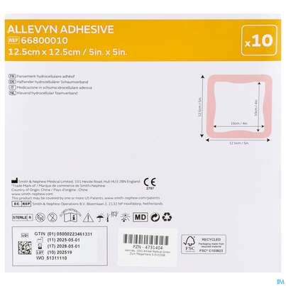 Sie sehen eine Packung Wundverband Allevyn/polyurethan Adhesive 12,5x 12,5cm -tam 10st, Produktbild: 03 Wundverband Allevyn/polyurethan Adhesive 12,5x 12,5cm -tam 10st, A-Nr.: 4731404 - 03