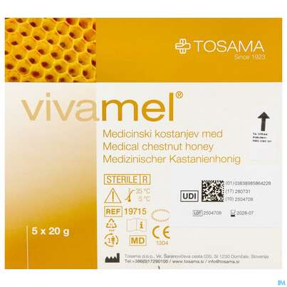 Sie sehen eine Packung Vivamel Steriler Medizinischer Honig 20g Nr To19715 Tube 5st, Produktbild: 01 Vivamel Steriler Medizinischer Honig 20g Nr To19715 Tube 5st, A-Nr.: 4023009 - 01