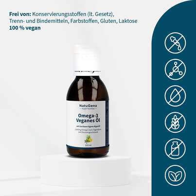 Sie sehen eine Packung NatuGena Omega-3 Veganes Öl, Produktbild: 05 NatuGena Omega-3 Veganes Öl, A-Nr.: 5847379 - 05