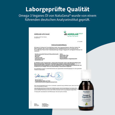 Sie sehen eine Packung NatuGena Omega-3 Veganes Öl, Produktbild: 10 NatuGena Omega-3 Veganes Öl, A-Nr.: 5847379 - 10