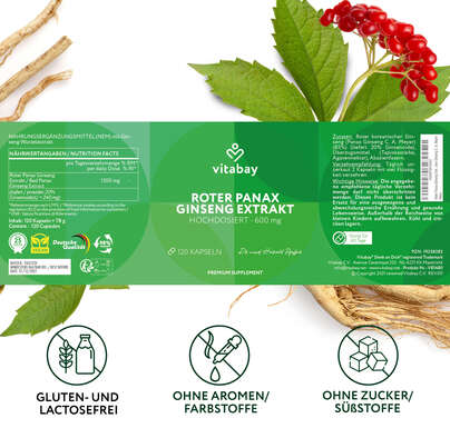 Vitabay Roter Panax Ginseng Extrakt Hochdosiert - 600 mg, A-Nr.: 6047439 - 06