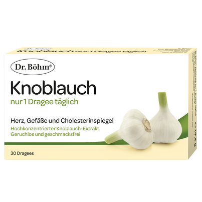 Sie sehen eine Packung Dr. Böhm Knoblauch nur 1 Dragee täglich, Produktbild: 01 Dr. Böhm Knoblauch nur 1 Dragee täglich, A-Nr.: 1520316 - 01
