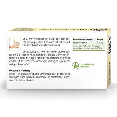 Sie sehen eine Packung Dr. Böhm Knoblauch nur 1 Dragee täglich, Produktbild: 06 Dr. Böhm Knoblauch nur 1 Dragee täglich, A-Nr.: 1520316 - 06