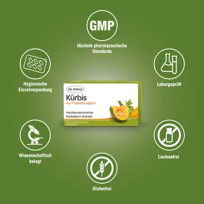 Sie sehen eine Packung Dr. Böhm Kürbis nur 1 Tablette täglich, Produktbild: 04 Dr. Böhm Kürbis nur 1 Tablette täglich, A-Nr.: 2552459 - 04