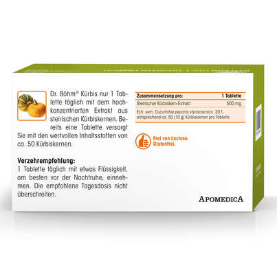 Sie sehen eine Packung Dr. Böhm Kürbis nur 1 Tablette täglich, Produktbild: 06 Dr. Böhm Kürbis nur 1 Tablette täglich, A-Nr.: 2552459 - 06