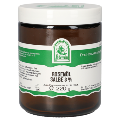 Sie sehen eine Packung ROSENÖL SALBE 3% 220 G, Produktbild: 01 ROSENÖL SALBE 3% 220 G, A-Nr.: 5340290 - 01