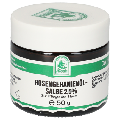 Sie sehen eine Packung ROSENGERANIENÖLSALBE 2,5% 50 G, Produktbild: 01 ROSENGERANIENÖLSALBE 2,5% 50 G, A-Nr.: 5901630 - 01