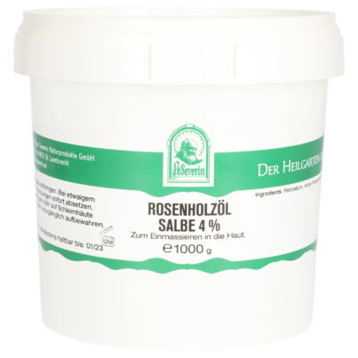 Sie sehen eine Packung ROSENHOLZÖL SALBE 4% 1000 G, Produktbild: 01 ROSENHOLZÖL SALBE 4% 1000 G, A-Nr.: 5802649 - 01