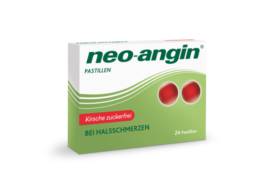 Sie sehen eine Packung neo-angin® Kirsche zuckerfrei Pastillen, Produktbild: 01 neo-angin® Kirsche zuckerfrei Pastillen, A-Nr.: 3931414 - 01