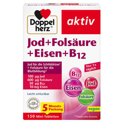 Sie sehen eine Packung Doppelherz Jod + Folsäure + Eisen + B12, Produktbild: 01 Doppelherz Jod + Folsäure + Eisen + B12, A-Nr.: 5817987 - 01