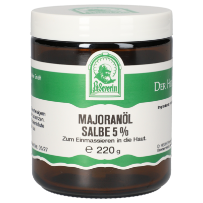 Sie sehen eine Packung MAJORANÖL SALBE 5% 220 G, Produktbild: 01 MAJORANÖL SALBE 5% 220 G, A-Nr.: 5677032 - 01