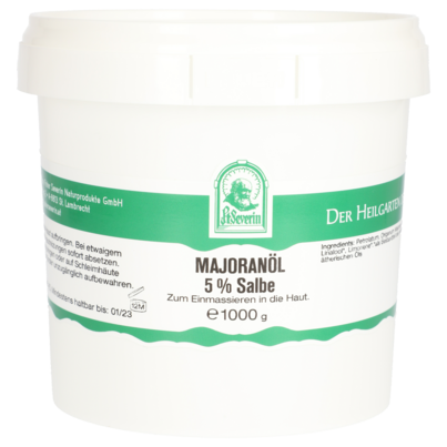 Sie sehen eine Packung MAJORANÖL SALBE 5% 1000 G, Produktbild: 01 MAJORANÖL SALBE 5% 1000 G, A-Nr.: 5802218 - 01