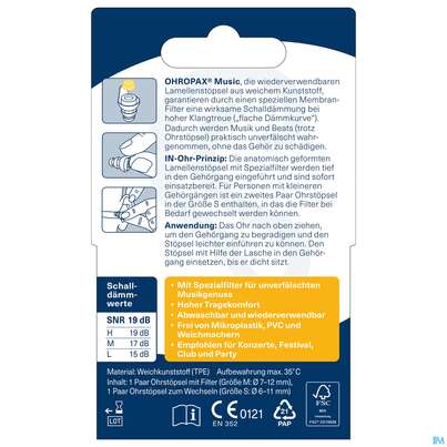 Sie sehen eine Packung Ohrenschutz Ohropax Music Spezial Filter-1 Paar Pgerm 2st, Produktbild: 07 Ohrenschutz Ohropax Music Spezial Filter-1 Paar Pgerm 2st, A-Nr.: 4778475 - 07