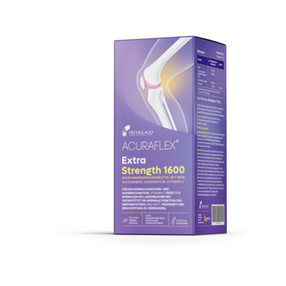 Sie sehen eine Packung ACURAFLEX® EXTRA STRENGTH 1600 – 120 Kapseln mit MSM, Glucosamin, Chondroitin und Vitamin C, Produktbild: 01 ACURAFLEX® EXTRA STRENGTH 1600 – 120 Kapseln mit MSM, Glucosamin, Chondroitin und Vitamin C, A-Nr.: 6130732 - 01