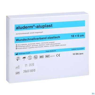 Sie sehen eine Packung Aluderm/aluplast Wundpflaster 10x 6cm 10 Abschnitte 1pk, Produktbild: 02 Aluderm/aluplast Wundpflaster 10x 6cm 10 Abschnitte 1pk, A-Nr.: 5650286 - 02