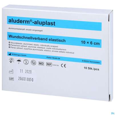 Sie sehen eine Packung Aluderm/alupl El Wundpflaster 10x 6cm 10 Abschnitte 1pk, Produktbild: 03 Aluderm/alupl El Wundpflaster 10x 6cm 10 Abschnitte 1pk, A-Nr.: 5650286 - 03