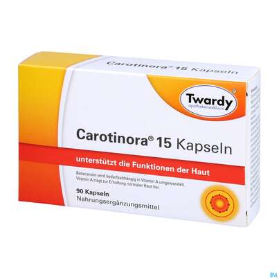 Sie sehen eine Packung Carotinora 15 Kapseln Twardy 90st, Produktbild: 04 Carotinora 15 Kapseln Twardy 90st, A-Nr.: 4495441 - 04
