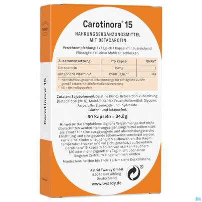 Sie sehen eine Packung Carotinora 15 Kapseln Twardy 90st, Produktbild: 08 Carotinora 15 Kapseln Twardy 90st, A-Nr.: 4495441 - 08