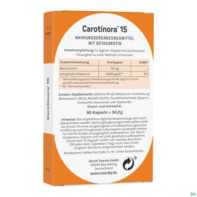 Sie sehen eine Packung Carotinora 15 Kapseln Twardy 90st, Produktbild: 09 Carotinora 15 Kapseln Twardy 90st, A-Nr.: 4495441 - 09