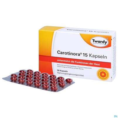 Sie sehen eine Packung Carotinora 15 Kapseln Twardy 90st, Produktbild: 12 Carotinora 15 Kapseln Twardy 90st, A-Nr.: 4495441 - 12
